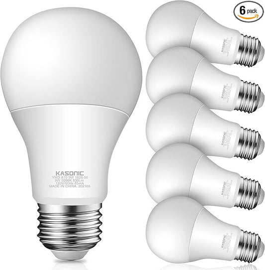 Kasonic Dimmable A19 LED Light Bulb, 60W Equivalent, Efficient 9W, UL Listed, 830 Lumens, E26 Standard Base, 5000K Daylight, 6 Pack