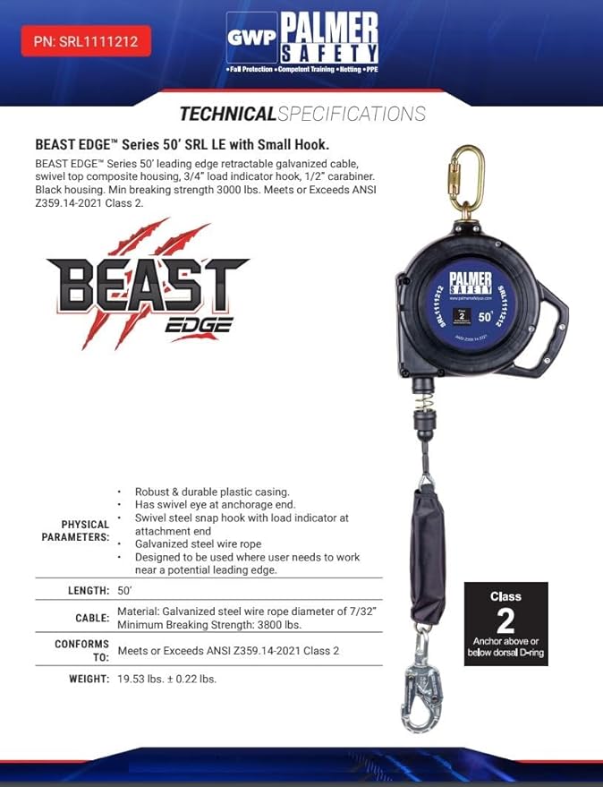 Palmer Safety SRL 50 FT. Leading Edge Self Retracting Lifeline I ANSI Z359.14-2021 Class 2 I SRL Device Swivel Top Galvanized Cable w/Small Steel Snap Hook I Fall Arrest Safety Yoyo