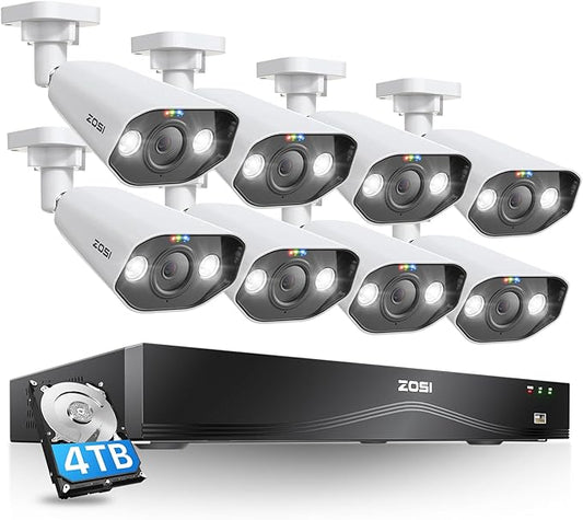 ZOSI 24CH 4K Spotlight PoE Security Camera System with Person Vehicle Detection,8pcs 4K Outdoor PoE Cameras,2 Way Talk,H.265+ 16CH 8MP NVR with 4TB HDD for 24/7 Recording