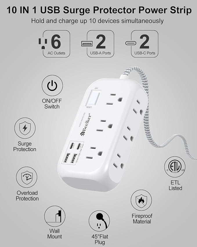 4 USB(2 USB C) Surge Protector Power Strip with Switch- 6 Ft Flat Braided Extension Cord with 6 Widely Outlets, Flat Plug Wall Mount Desk USB Charging Station for Home Office Dorm Room Travel 1625W