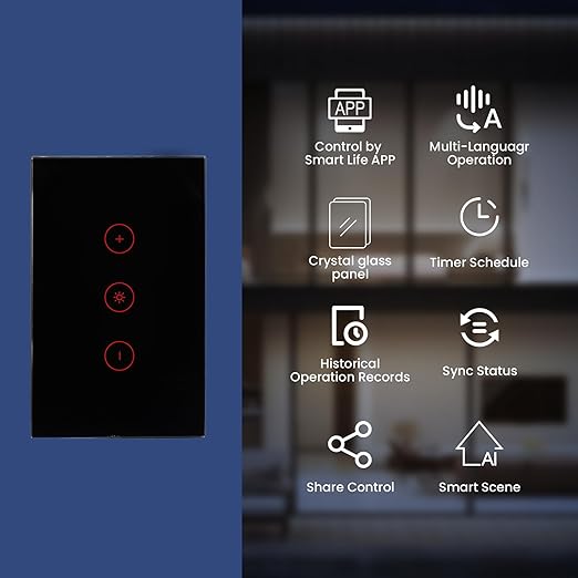 Smart Dimmer Switch Need Neutral Wire No Hub Required,2.4GHz Wi-Fi Light Switch APP Control Work with Tuya and Smart Life,FCC Certified,Smart Home Device 110/220VAC,Black Dimmer