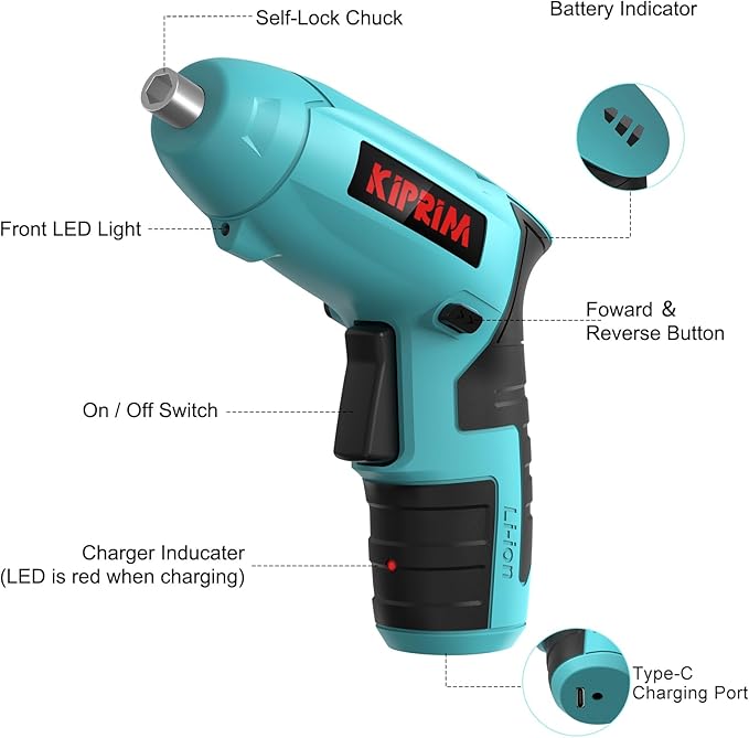 Small 4V Electric Screwdriver,Kiprim ES3 Cordless Screwdriver Tool with Rechargeable Battery,LED Front Light & Power Display Light for Home DIY Blue
