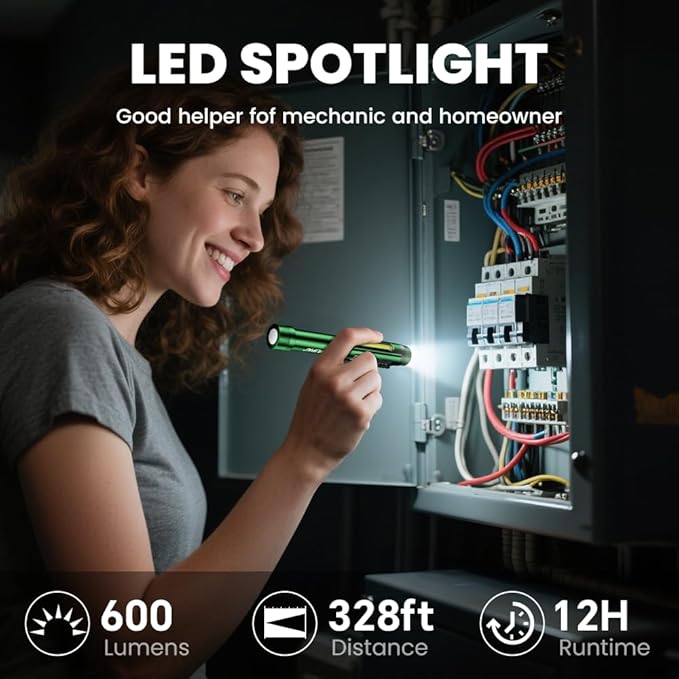 Magnetic Rechargeable Pen Light - 600 Lumen Dimmable EDC Flashlight, IPX4 Waterproof Work Light with Clip & COB LED for Mechanics, Nurses, Emergency(Green)