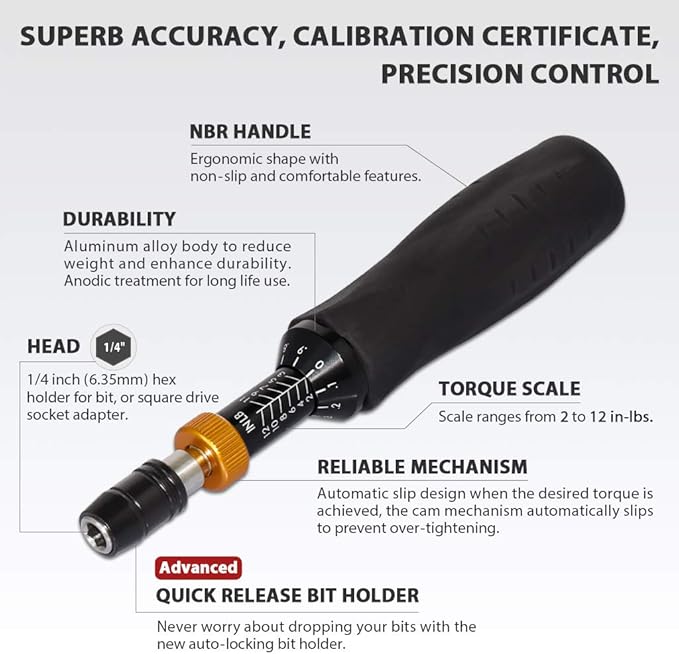 FIRSTINFO H51832 Precision Certified Limited/Limiting Torque Screwdriver 2-12 in-lbs with 1/4 Inch Universal Hex Bit Holder Quick Release Design