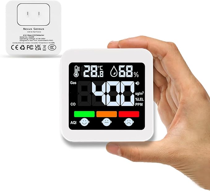 Plug-in 4-in-1 Gas & CO Detector with Temp/Humidity - Natural Gas, Propane & Methane Detector for Home, RV & Apartments (1, White-Beep Edition)