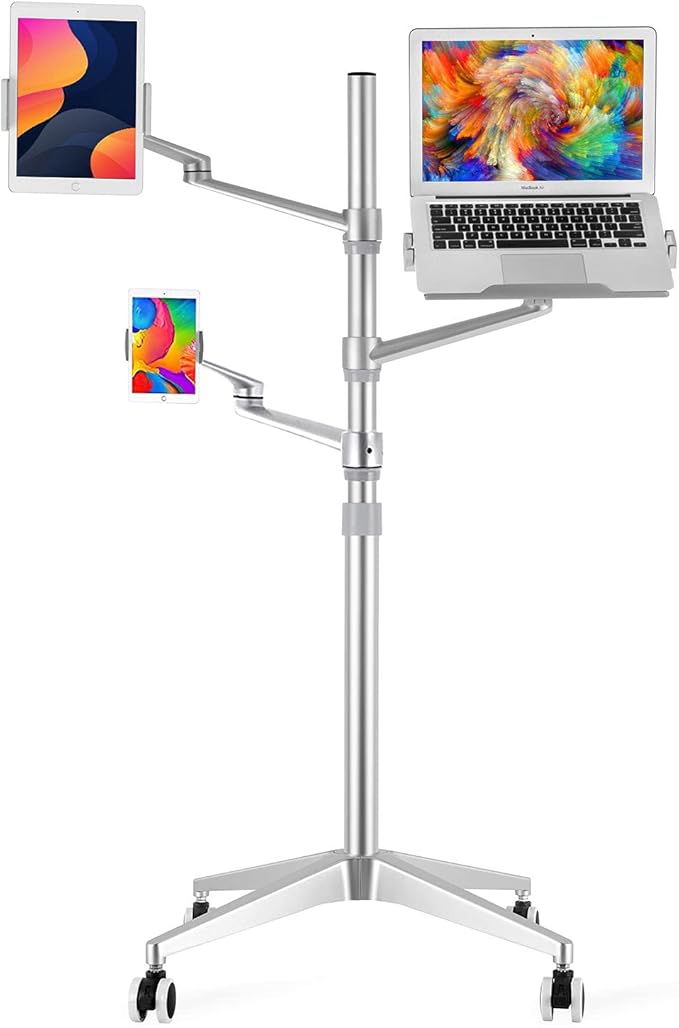 Triple arm Height Adjustable Stand Mount with Rolling Wheel for Laptop(11-17 inch) and Compatible with ipad iPad pro 12.9 inch/Tablet/Ereader