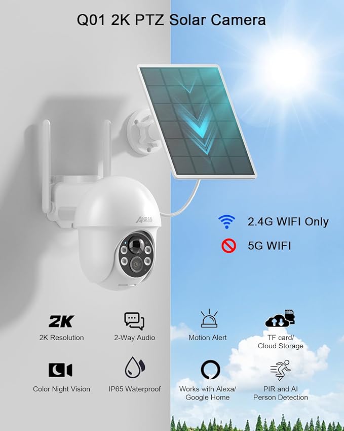 ANRAN Security Camera Wireless Outdoor, 2K Solar Outdoor Camera with 360° View, Smart Siren, Spotlights, Color Night Vision, PIR Human Detection, Pan Tilt Control, 2-Way Talk, IP65, Q1 White