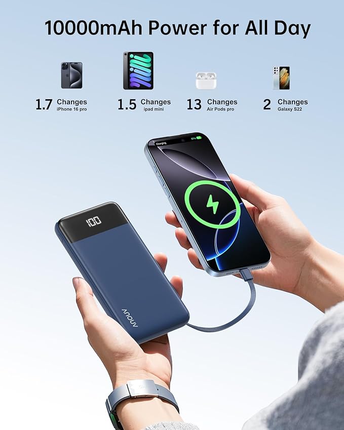 Portable Charger with Built-in Cables 10000mAh Power Bank with Cords, Slim Fast Charging Battery Pack, Travel Essential Portable Charger for iPhone 17/16/15/14/13 Series, Samsung Google Pixel iPad