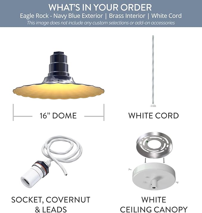 Steel Lighting Co. Eagle Rock Pendant | Ceiling Mounted Light | 16 inch Radial Wave | 4' White Cord | Heavy Duty Steel Retro Farmhouse Style Made in America | Navy Blue Exterior/Brass Interior