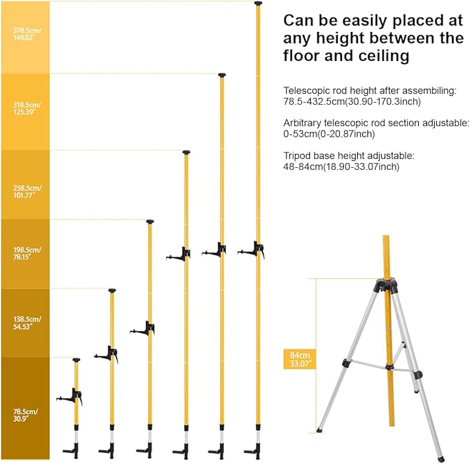 MOETER 13.8 Ft/4.2M Telescoping Laser Level Pole with Tripod - Adjustable Laser Level Stand for Rotary and Line Laser Level, Includes 1/4"-20 Mount & 5/8"-11 Adapter
