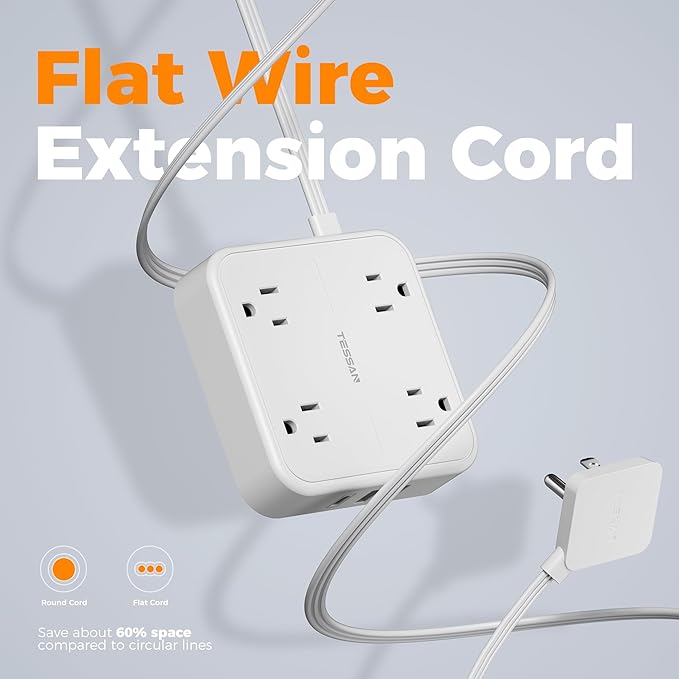 Surge Protector Flat Extension Cord 15Ft, TESSAN Flat Plug Power Strip with 4 Outlets 3 USB Ports (1 USB C), 900 Joules Protection, Multiple Wall Outlet Extender Suitable for Home Office Dorm, White