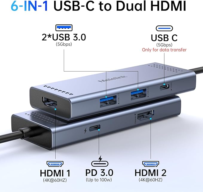 Docking Station to Dual HDMI Monitor, USB C to Dual HDMI Adapter, USB-C HUB with 2xHDMI Ports 4K 60Hz, 100W PD Charging, USB-A&C 3.0, Laptop Docking Station Compatible with Dell, HP, Lenovo, and More