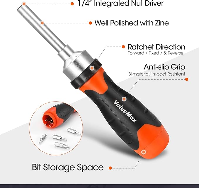 ValueMax 13-in-1 Multi-bit Ratcheting Screwdriver Set Tool All in One, Portable Multi-purpose Ratchet Screw-driver, Slotted/Philips/Torx/Square