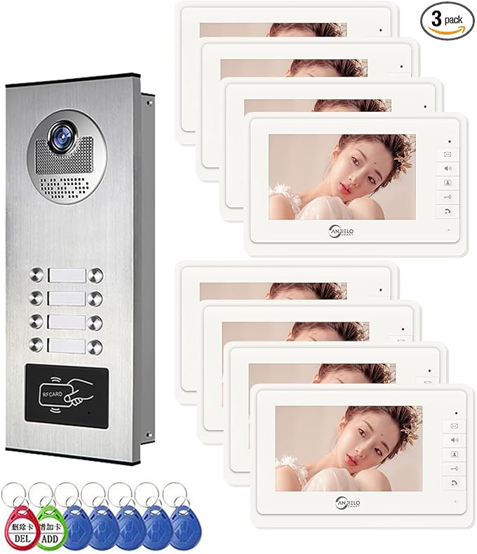 Wired Video Apartment Intercom System,6 Units 7 inch Monitor Video Door Phone Kit,Indoor Outdoor Video Doorbell, ID Card Unlock, 2 Way Audio, 6-Screen for Home Apartment (1 Doorbell+8 Monitor)