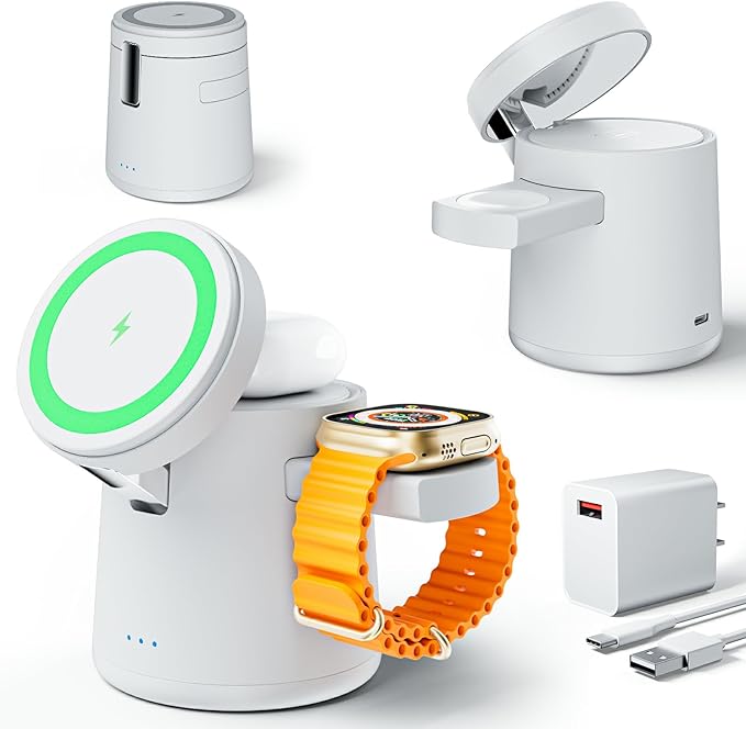 2025 Upgrade 3 in 1 Charging Station for Apple MagSafe Charger, Adjustable Portable Wireless Charging Stand, Fast Wireless Charger Dock for iPhone 16 15 14 13 12 Pro Max & Apple Watch AirPods (White)