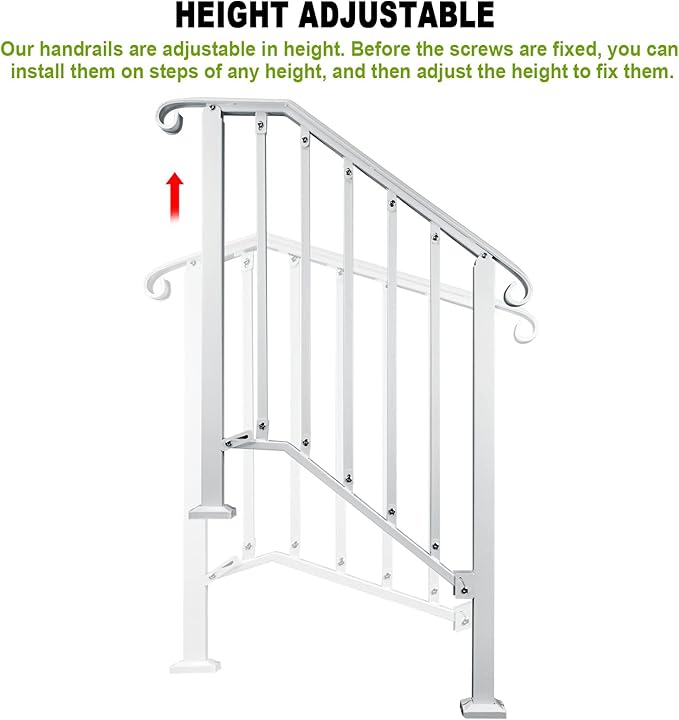 Adjustable Handrails for Outdoor Steps, Handrail Picket #2 Hand Rails for Outdoor 2 or 3 Steps, Mattle Wrought Iron Handrail, Stair Rail with Installation Kit for Outdoor Steps, White