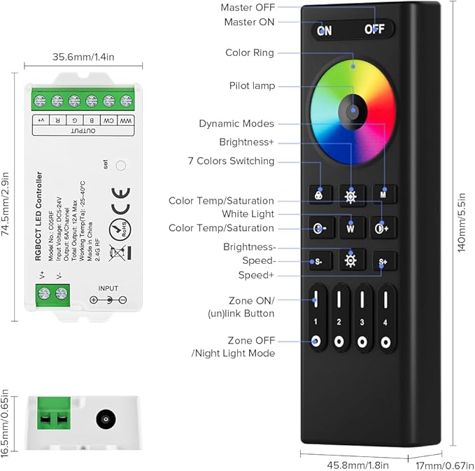 BTF-LIGHTING 5050SMD FCOB COB RGBCCT RF 2.4GHz Wireless Remote RC03RFB & C05RF Tuya Controller Kit 4 Zones Group Control PWM RGBWW(+ R G B C W) 6pin LED Strip DC5V DC12V DC24V