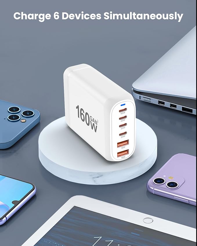 GEEKERA USB C Charger, 160W 6-Port Fast Charging Station with 4 C + 2 A, Portable Multiport Charging Wall Block Hub for iPhone 16 15 14 13 12 iPad Pro MacBook Samsung Galaxy Pixel Switch