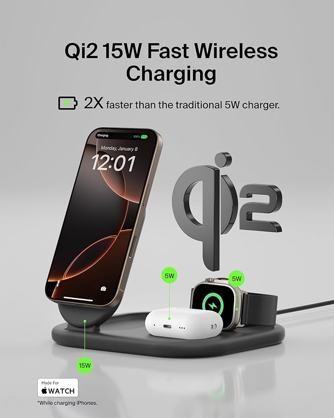 Belkin 3-in-1 MagSafe-Compatible iPhone Charger 15W, Foldable Magnetic Qi2-Certified Wireless Charging Station for iPhone 16, Apple Watch Series 10, AirPods 4, and More, w/Non-Slip Base & PSU - Black