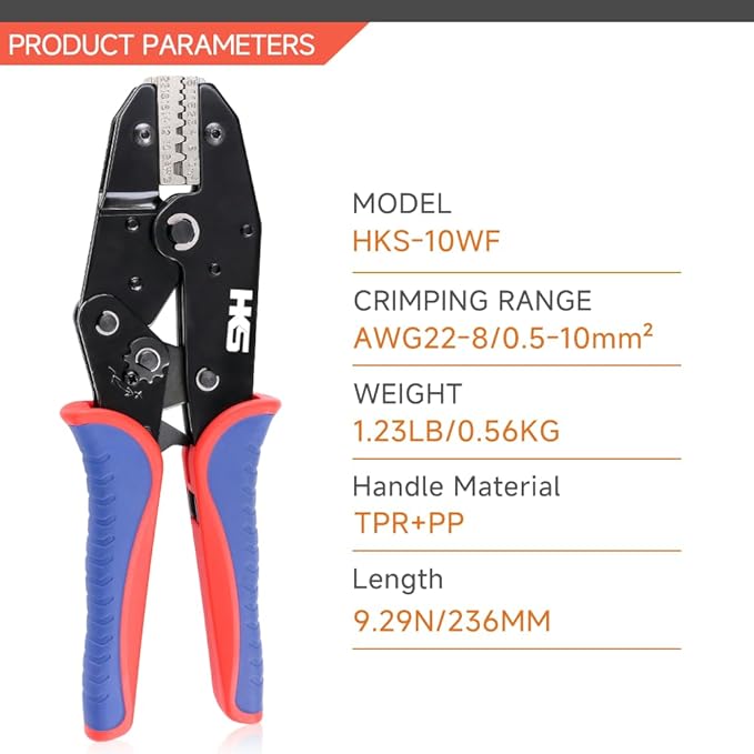 HKS Crimping Tool for Sleeves Ferrule Terminals & Pin Cord End- Ratcheting Wire Crimpers - AWG 22-8 (0.5-10mm²) - Ratchet Terminal Crimper - Electrical Crimping Tool