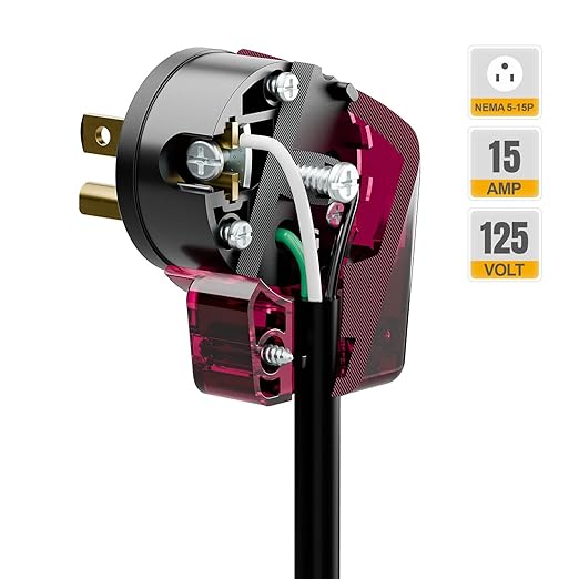 2 Pack Nema 5-15P Plug, 90 Degree Right Angle Plug 15A 125V Angled Plug, Nema 5-15P DIY AC Plug, USA 3-Prong Household Right Angle AC Plug, Red Color ETL Verified