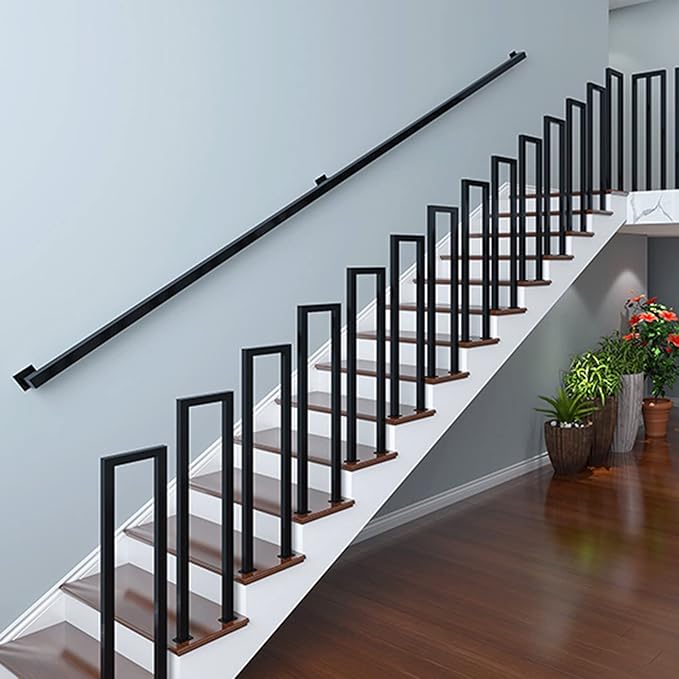 6FT Black Iron Hand Railing, Sturdy Safety Staircase Handrails Wall Mount, 500lbs Load Capacity Industrial Iron Railing Pipe Handrail for Indoor Stairs, Outdoor Deck Loft Porch, Non-Slip and Rust