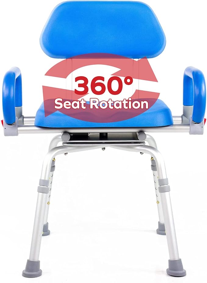 Revolution Pivoting Shower Chair for Bathtub, Adjustable Swivel Seat with Padded Back and Arms, Adjustable Space Saving Design for Tubs, Shower, for Elderly, Handicap & Seniors, Blue