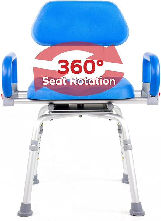 Revolution Pivoting Shower Chair for Bathtub, Adjustable Swivel Seat with Padded Back and Arms, Adjustable Space Saving Design for Tubs, Shower, for Elderly, Handicap & Seniors, Blue
