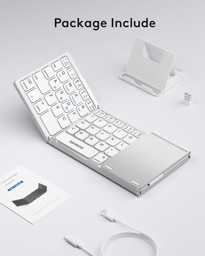 Samsers Multi-Device Foldable Bluetooth Keyboard with Touchpad, Rechargeable Dual-Mode(2.4G+BTx2) Wireless Keyboard with Holder, Portable Folding Keyboards for Android Windows iOS Mac OS - Silver