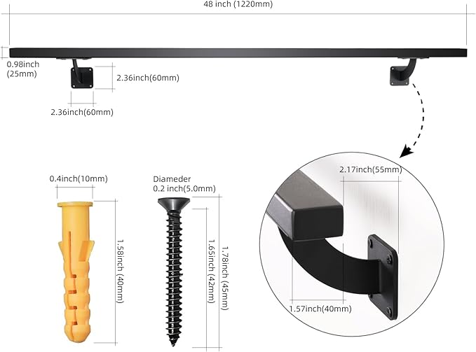 4 FT Heavy Duty Black Metal Staircase Handrail Indoor Stair Railing - 48 Inch Wall Mount Iron Pipe Hand Rails for Indoor & Outdoor, Banister Steps Rail Safety Wall Grab Bar for Handicap