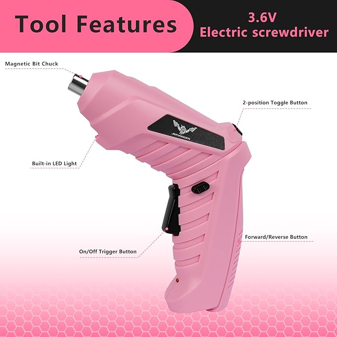 47 in 1 Electric Screwdriver Cordless Rechargeable Pink Small Power Drill Set 3.6V Li-ion 3.5N·m Max Torque Electric Rotatable with Case LED Light for Women Home Office DIY Tools