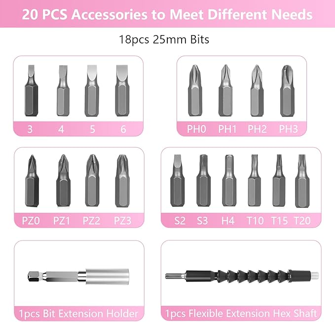 Electric Screwdriver Pink, 3.6V Rechargeable Cordless Screwdriver, 5N.m Max Torque, 4-Gear Torque, LED Light, 20 Pcs, Ideal for Women Daily & Light Industrial Use
