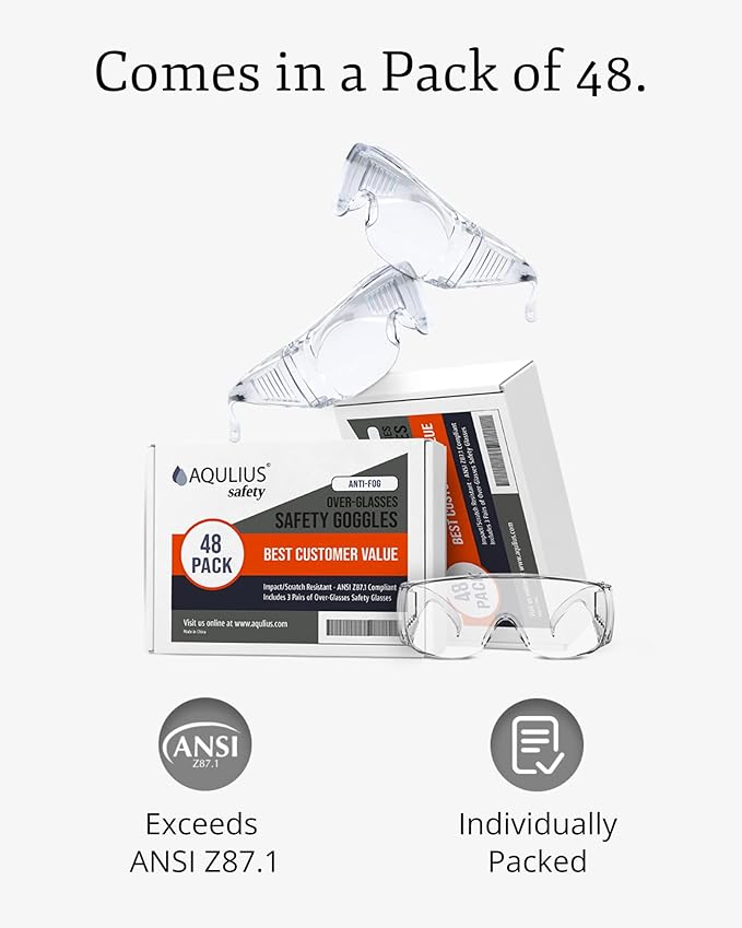 Aqulius 48 Pack Safety Glasses Over Eyeglasses (Anti-Fog & Scratch Resistant) Crystal Clear Eye Protection - OTG Safety Goggles - Protective Eyewear