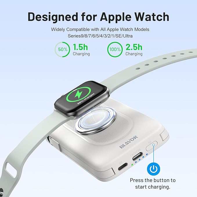 BLAVOR for Magsafe Portable Charger with Built-in Cables, 20W Fast Charging, 10000mAh Magnetic Wireless Power Bank, Battery Pack with Stand for iPhone 16/15/14/13/12, Powerbank for Apple Watch(White)