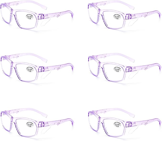 ProtectX Stylish Anti-Fog & Scratch-Resistant Safety Glasses With Readers, UV Protection Goggles, Anti-Impact Lightweight Glasses for Men＆Women Lilac Reading 1.5-6 Pack