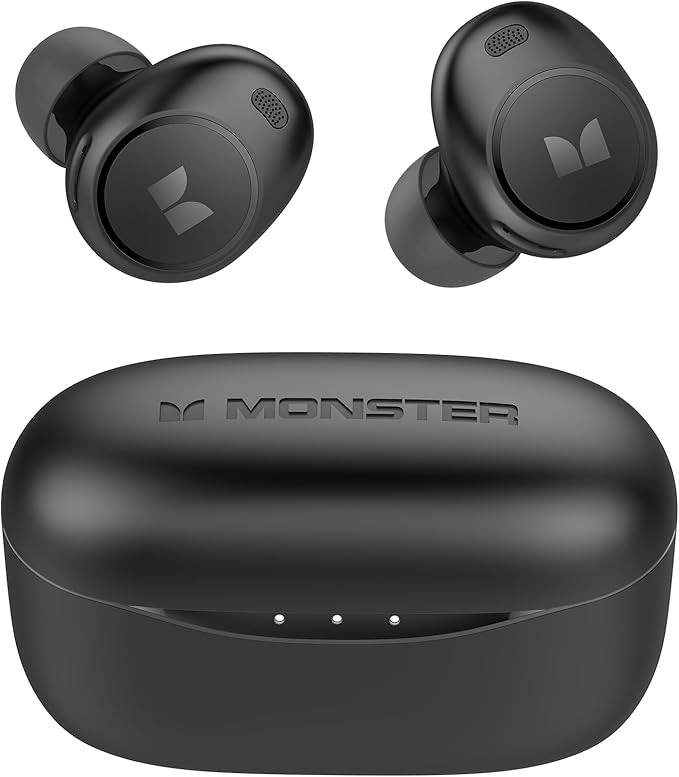 Monster Achieve 300 AirLinks Wireless Earbuds, Bluetooth 5.3 in-Ear Headphones with Charging Case, Stereo Headphones, 32H Playtime Touch Control, Built-in Mic, Clear Call, Black