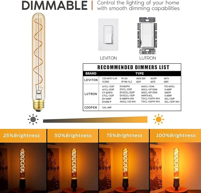Leools Vintage LED Spiral Filament Bulb T10, 8.9inch Long Tubular Dimmable Edison Light Bulbs,E26 Base,Amber Glass,Warm White,2200K, 400LM(40W Equivalent), Pack of 4