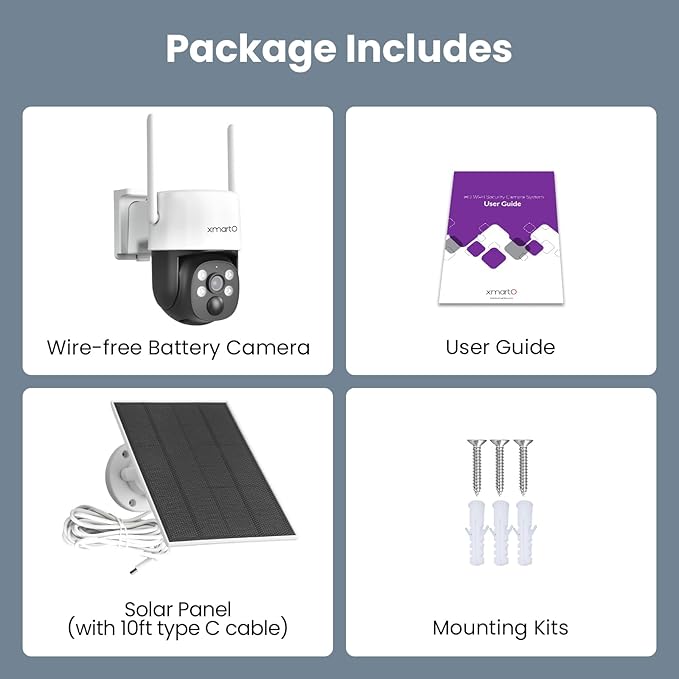 xmartO [Solar/Battery Powered] Wire-Free Home Security Camera Wireless Outdoor/Indoor (Rechargeable Long Battery Life,AI Motion Detection,Spot Light and Siren,Optional Solar Panel)