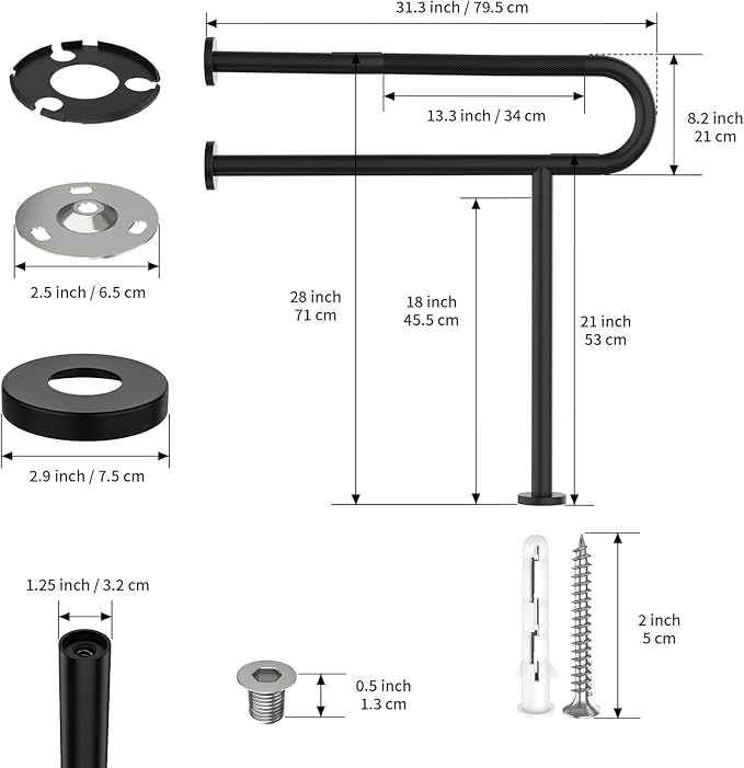 Toilet Grab Bar 31.3 Inch with Leg, YuanDe Matte Black Wall Mounted Safety Bar, Stainless Steel Anti-Slip Bathroom Support Rail for Elderly Disabled Pregnant