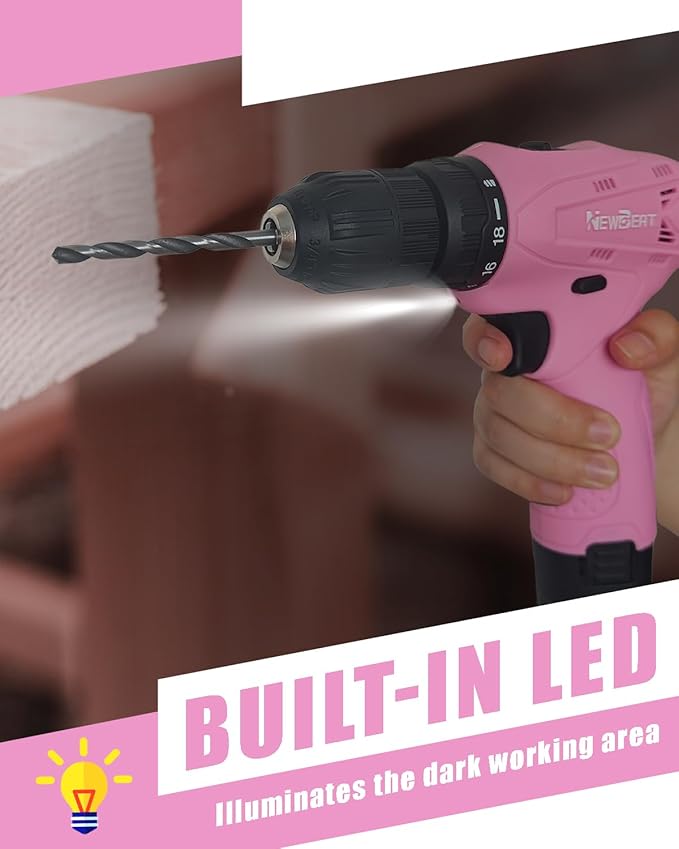 NEWBEAT Cordless Drill Set, 12V Power Drill Driver with 2 Battery and Charger, Pink Electric Drill Power Tool for Women