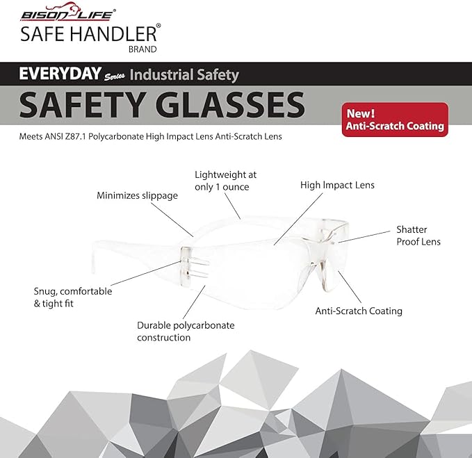 BISON LIFE Full Color Safety Glasses | One Size, Adult, Youth, Full Color Polycarbonate Lens and Temple, BLACK, Pack of 12 (Case of 12 Packs, 144 Pairs Total)