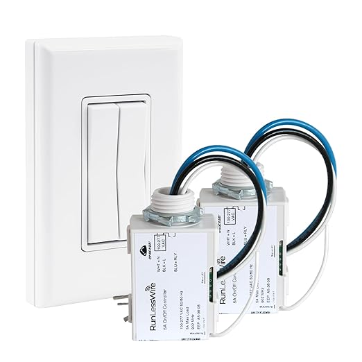 RunLessWire Self-Powered (NO Batteries) Wireless Switch & Receiver Kit No WiFi Needed Remote 150+ft RF Range - Fan & Light Simple: 2 Receivers, 1 Double Switch - White