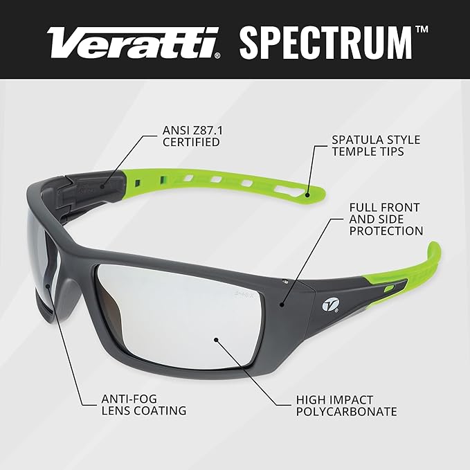 Veratti Spectrum Safety Glasses, Anti-Fog Indoor/Outdoor Lens, ANSI Z87.1 Certified, Impact Resistant, Gray/Green Frame