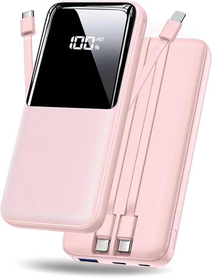 Portable Charger Power Bank - 20000mAh Fast Charging Portable Battery Pack with Built in USB-C(22.5W) and iOS(20W) Output Cables (1 Pack, Pink)