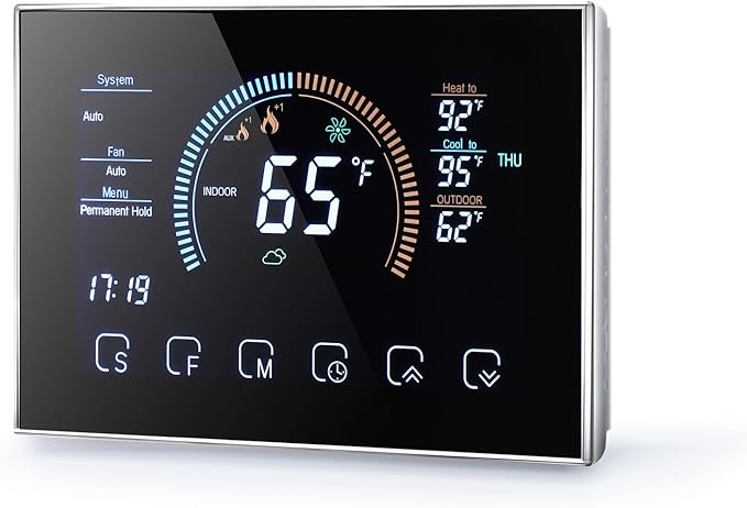WiFi Smart Heat Pump Room Thermostat Temperature Controller 4.8 Inch Color LCD Screen Programmable Touch Control/Mobile APP/Voice Control Compatible with Alexa/Google Home