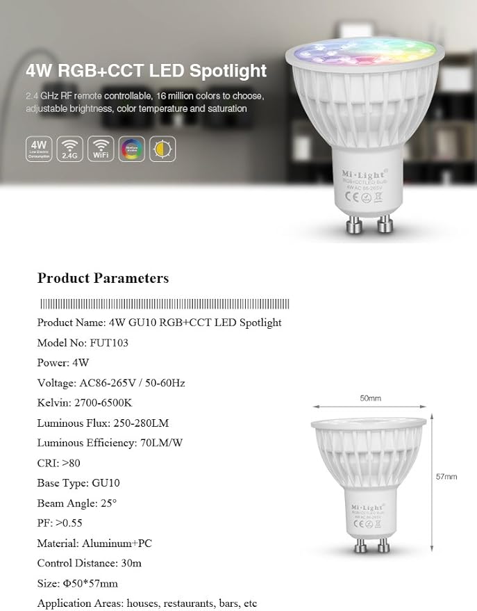 LGIDTECH FUT103 Miboxer 4W GU10 LED 2.4GHz Bulb Spotlight RGB+CCT Color Changing and CCT Temperature Adjustable,Dimmable,Memory Function.Smartphone Can't Control Directly