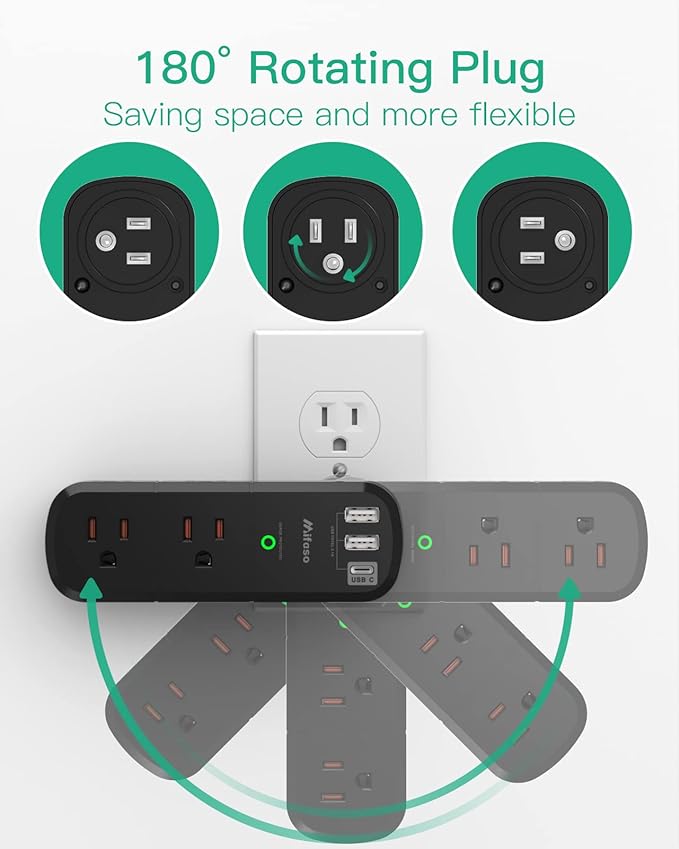 Surge Protector USB Outlet Extender with Rotating Plug, 6 AC Multi Plug Outlet and 3 USB Ports (1 USB C), 3-Sided Swivel Power Strip Outlet Splitter for Home, Dorm Room Essentials (2 Pack)