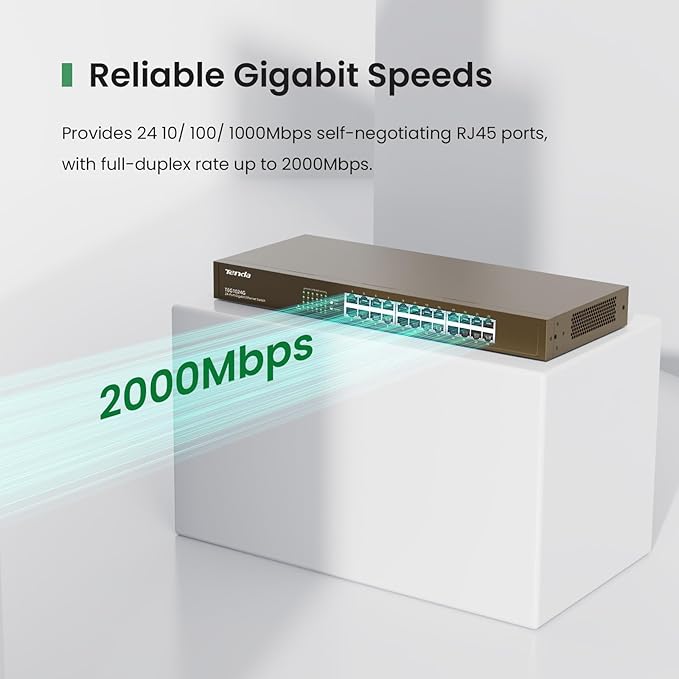 Tenda TEG1024G, 24 Port Gigabit Ethernet Unmanaged Switch, Network Hub, Ethernet Splitter, Plug & Play, Fanless Metal Design, Flexible Mounting, Limited Lifetime Protection