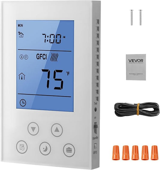 VEVOR 7-Day Programmable Thermostat, Home Thermostats for Radiant Underfloor Heating Cable,Heat Pump, Built-in GFCI & Sensitive Sensor, LED Screen with Backlight,Energy-Efficient,White