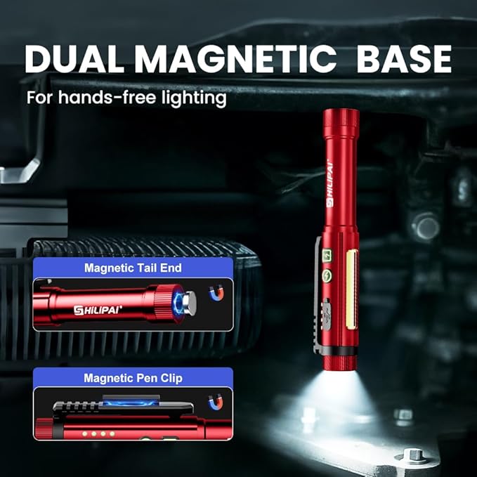 Magnetic Rechargeable Pen Light - 600 Lumen Dimmable EDC Flashlight, IPX4 Waterproof Work Light with Clip & COB LED for Mechanics, Nurses, Emergency (Red)